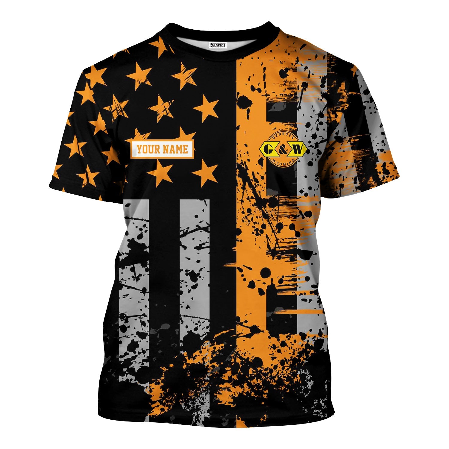Railspirit Personalized Genesee & Wyoming Inc. Railroad T-Shirt Artistic Paint American Flag Style Train Shirt