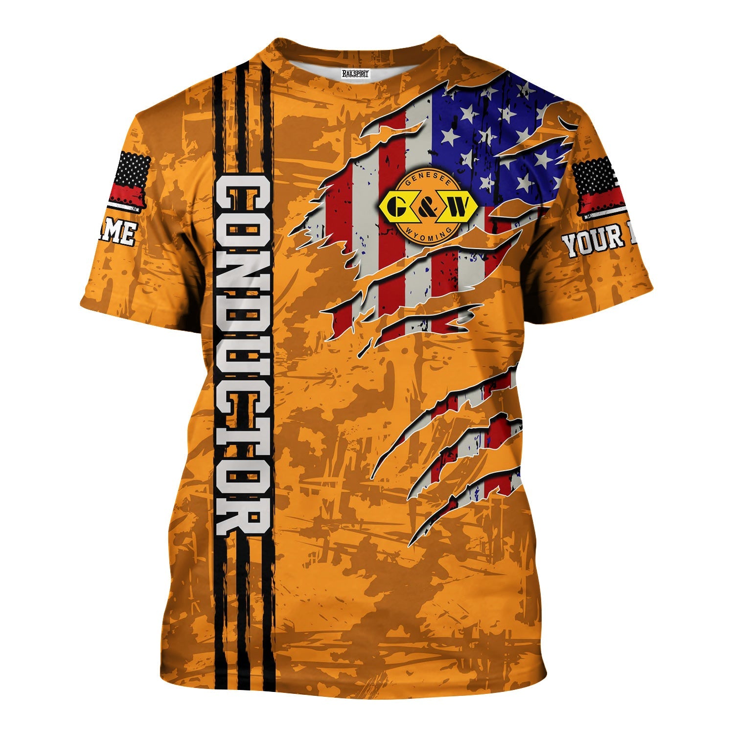 Railspirit Personalized Genesee & Wyoming Inc. Railroad T-Shirt USA Flag Claw Art with Custom Job Train Shirt