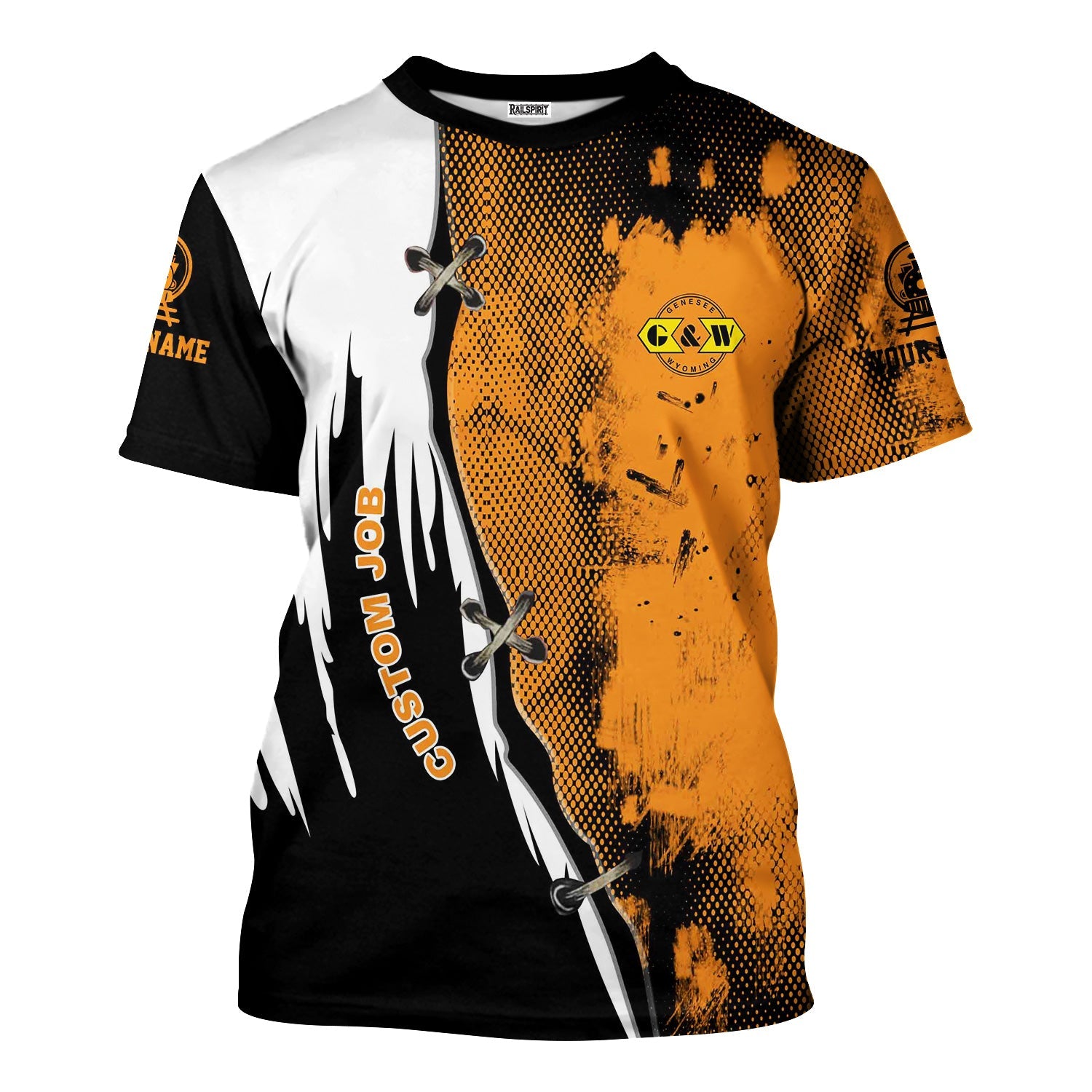 Railspirit Personalized Genesee & Wyoming Inc. Railroad T-Shirt Retro Stitches Design with Custom Position Train Shirt