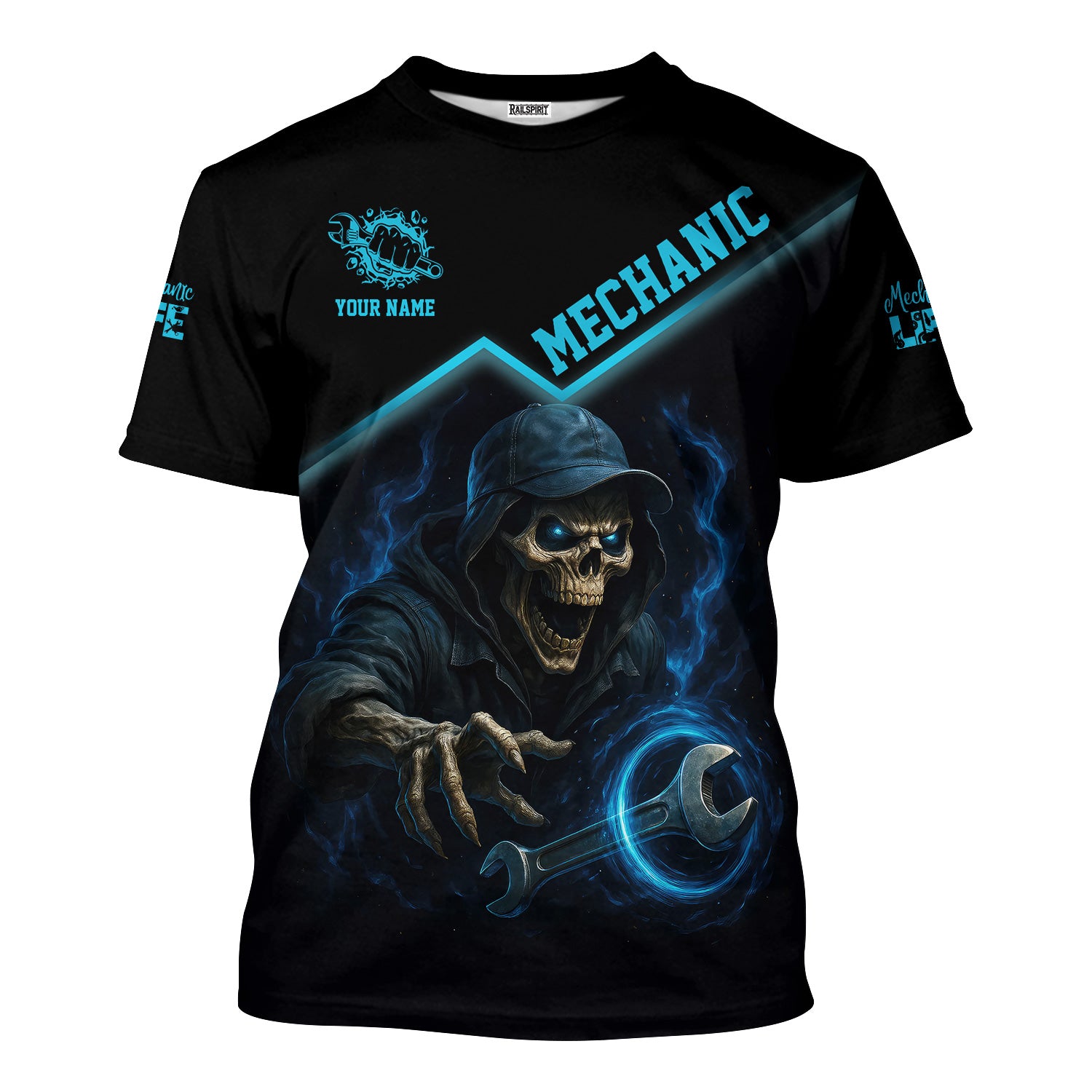 Personalized T-Shirt I Am A Grumpy Old Mechanic Blue Flame Grim Reaper Design Shirt For Mechanics