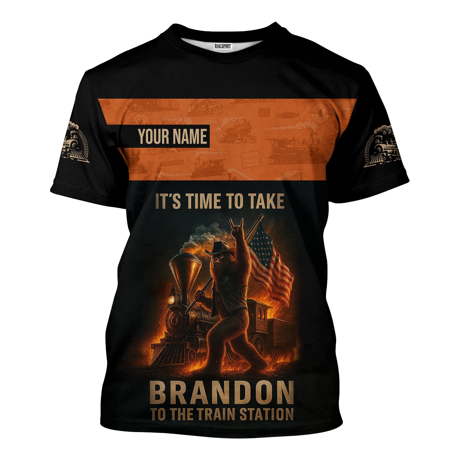 Railspirit Personalized T-Shirt It's Time To Take Brandon To The Train Station Bigfoot with American Flag Train Shirt