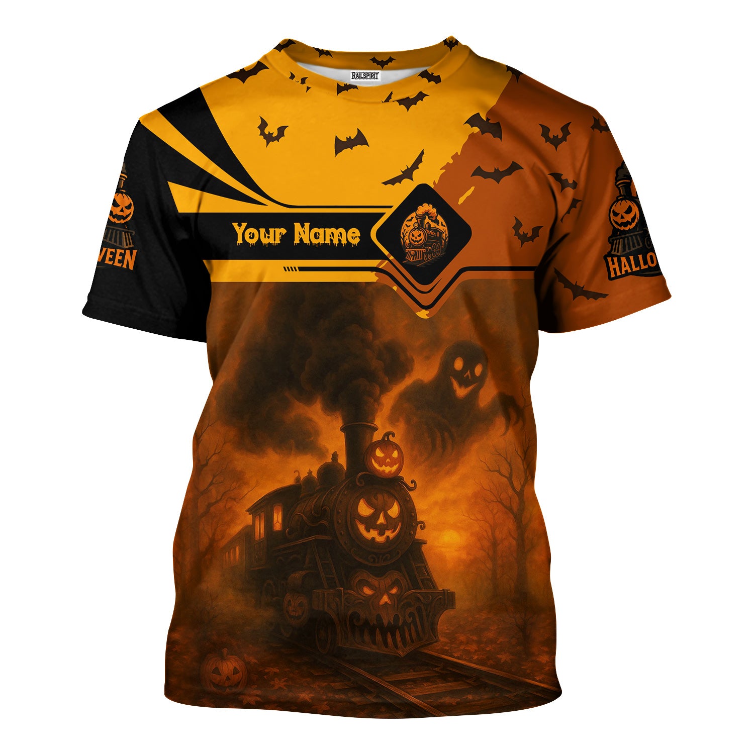 Railspirit Personalized T-Shirt Halloween Pumpkin Train with Ghost Design Shirt for Train Lovers