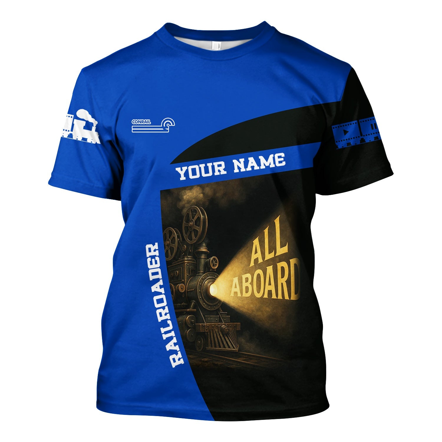 Railspirit Personalized Conrail Railroad T-Shirt All Aboard Steam Train Movie Projector Style Shirt