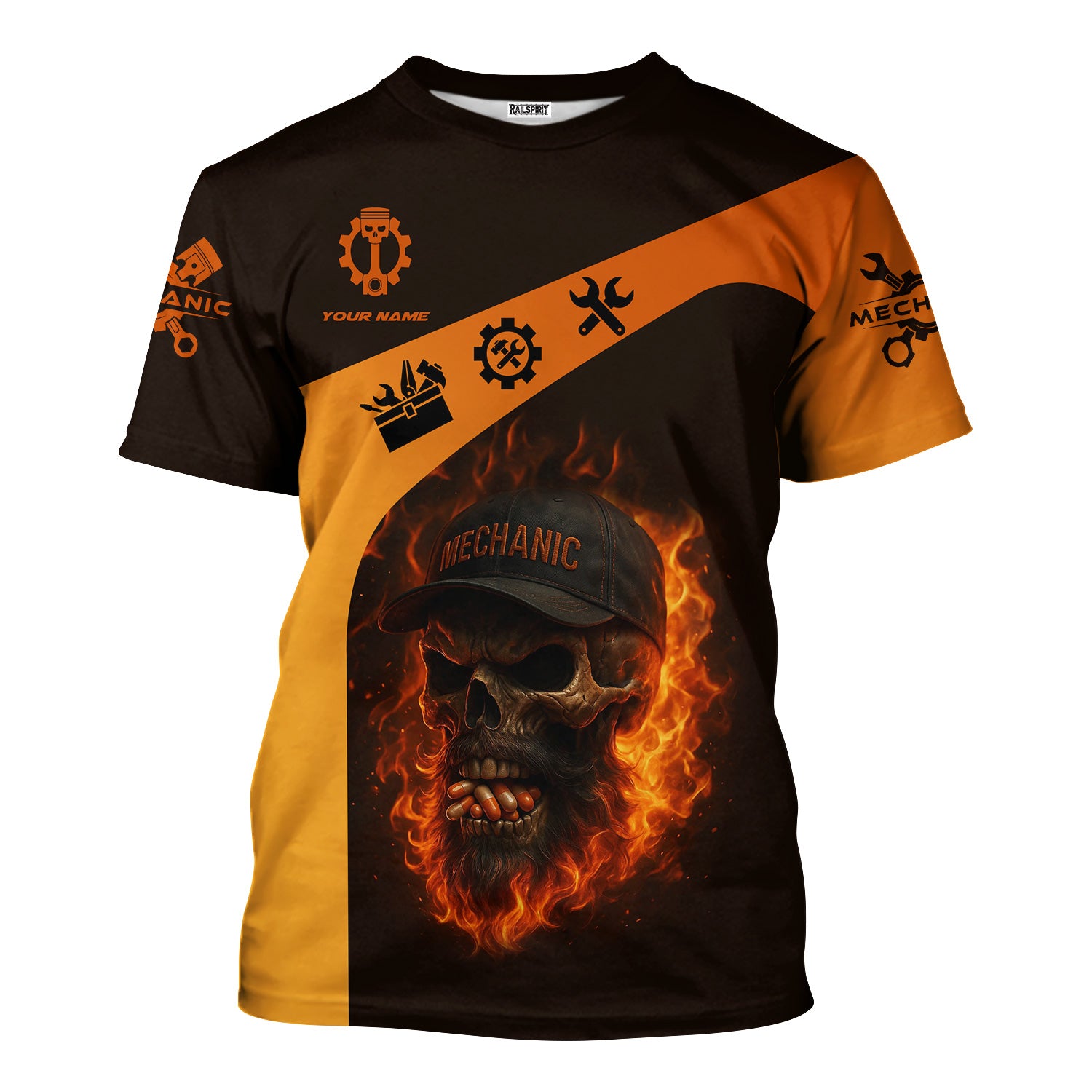 Personalized T-Shirt Grumpy Old Mechanic You're About To Exceed The Limits Of My Medication Flame Skull Design Shirt