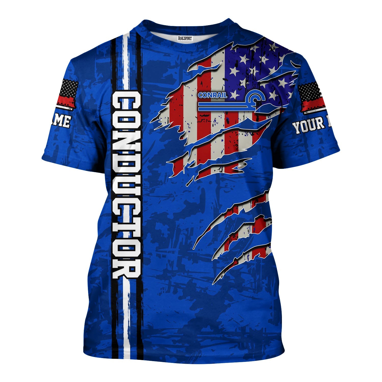 Railspirit Personalized Conrail Railroad T-Shirt USA Flag Claw Art with Custom Job Train Shirt