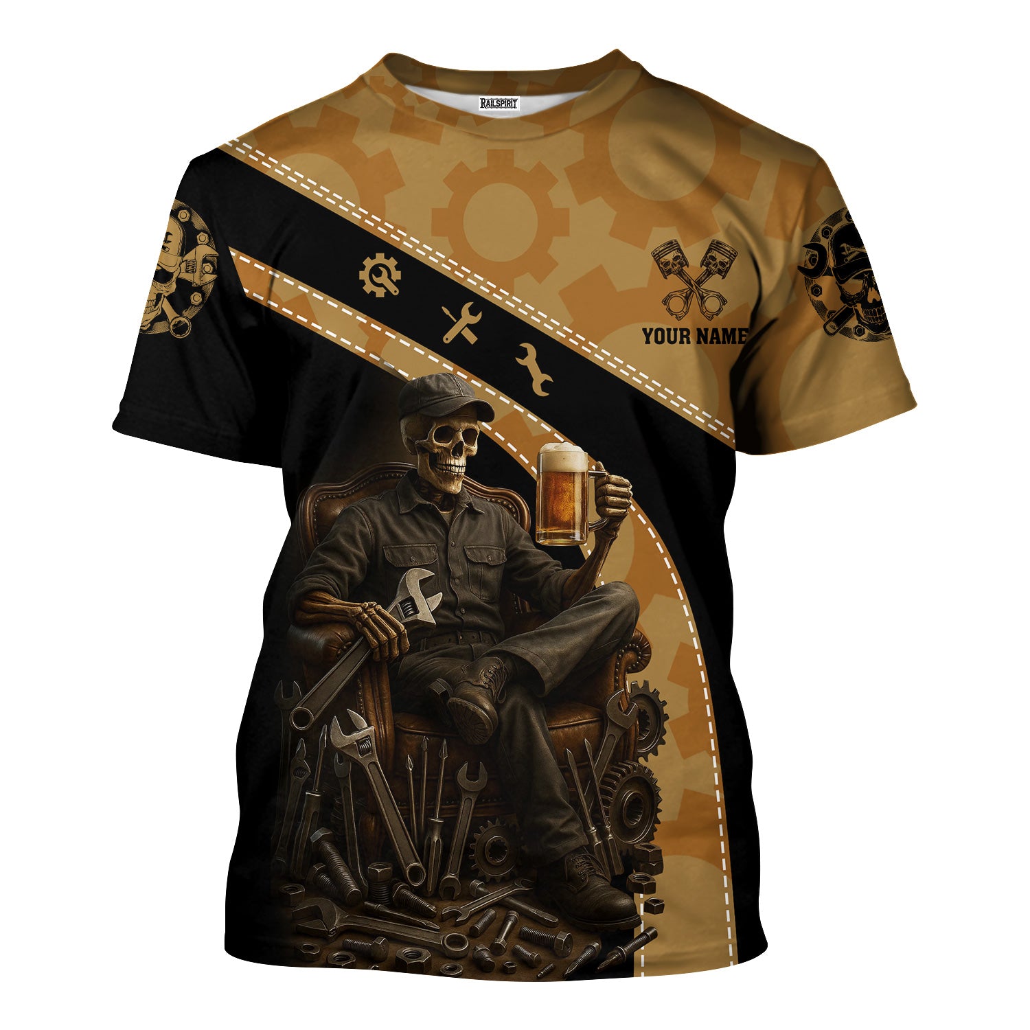 Personalized T-Shirt Once A Mechanic Always A Mechanic Skull with Wrench and Beer Design Shirt