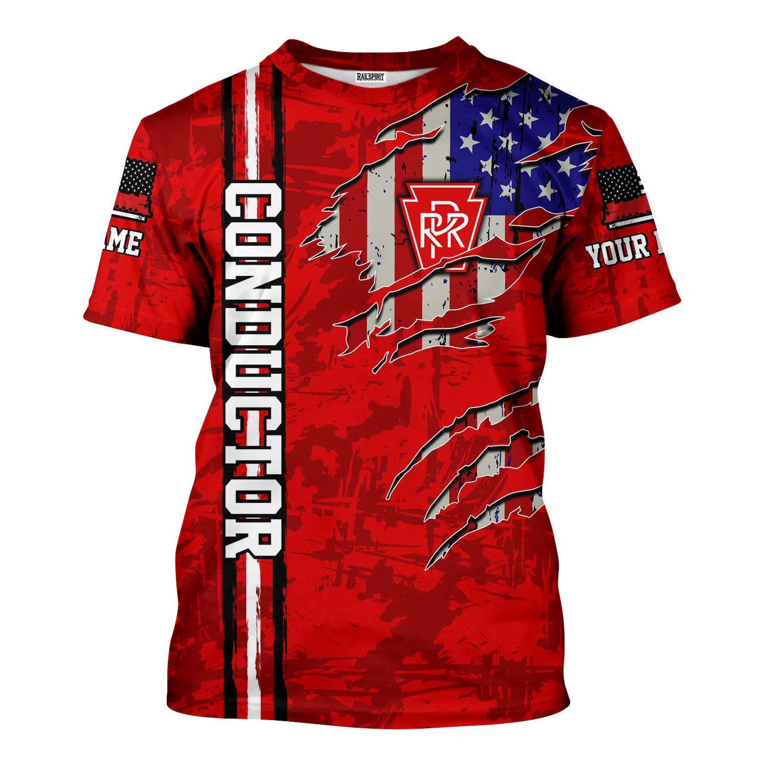 Railspirit Personalized Pennsylvania Railroad T-Shirt USA Flag Claw Art with Custom Job Train Shirt