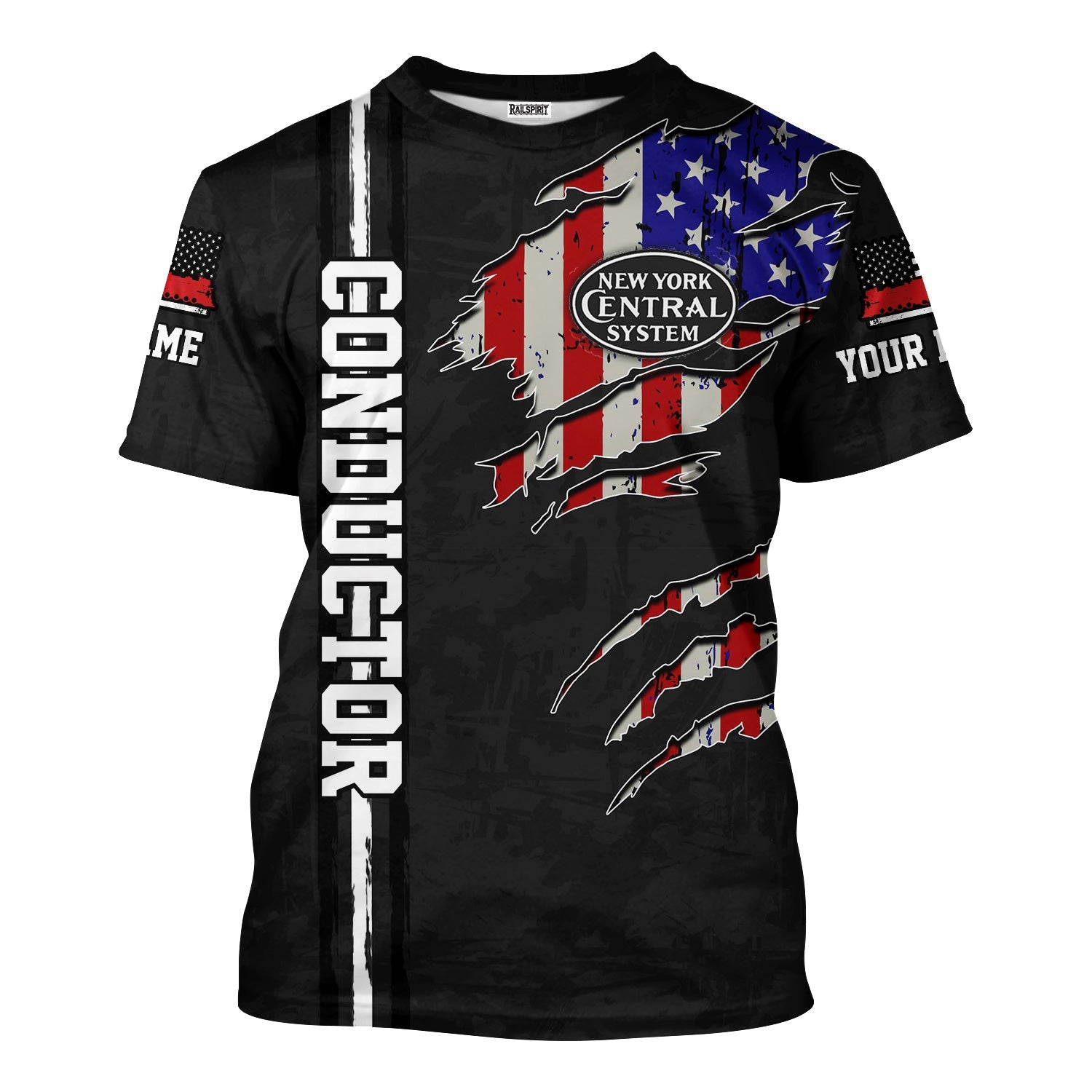 Railspirit Personalized New York Central Railroad T-Shirt USA Flag Claw Art with Custom Job Train Shirt