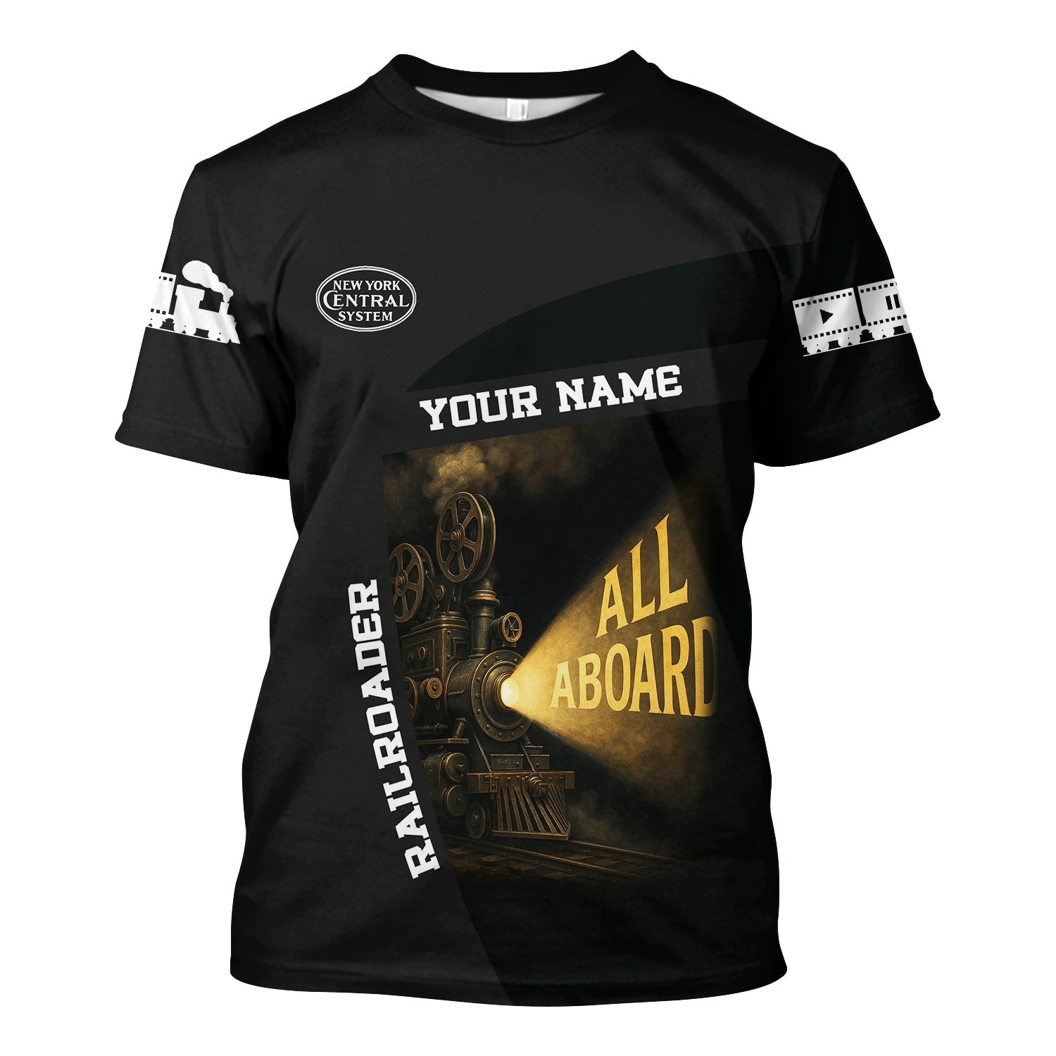 Railspirit Personalized New York Central Railroad T-Shirt All Aboard Steam Train Movie Projector Style Shirt