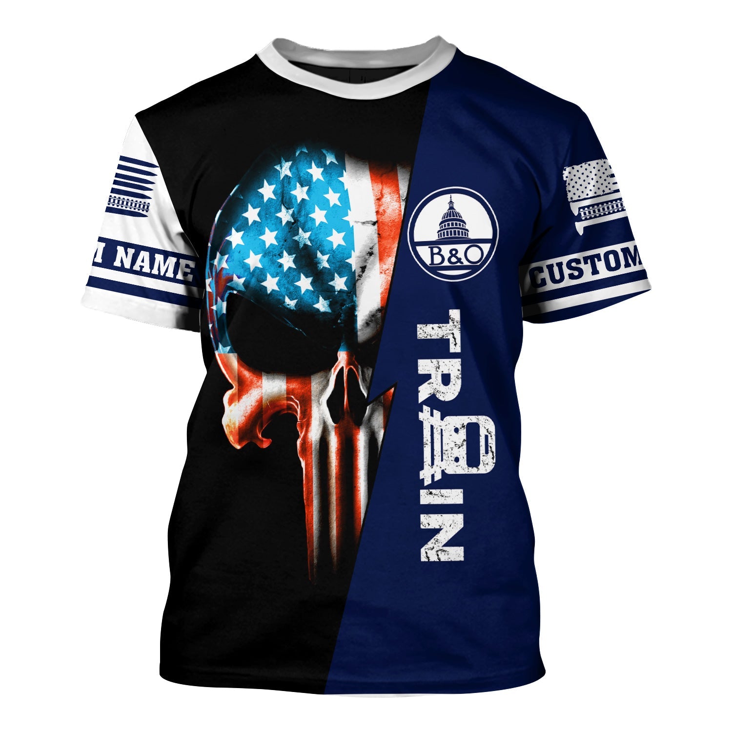 Railspirit Personalized Baltimore and Ohio Railroad T-Shirt Train Skull American Flag B&O Shirt All Over Print