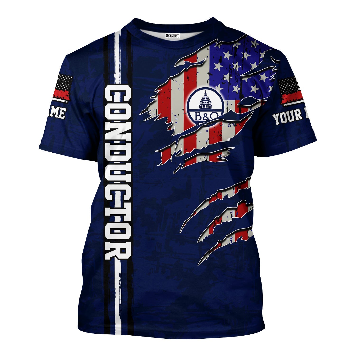 Railspirit Personalized Baltimore and Ohio Railroad T-Shirt USA Flag Claw Art with Custom Job B&O Train Shirt