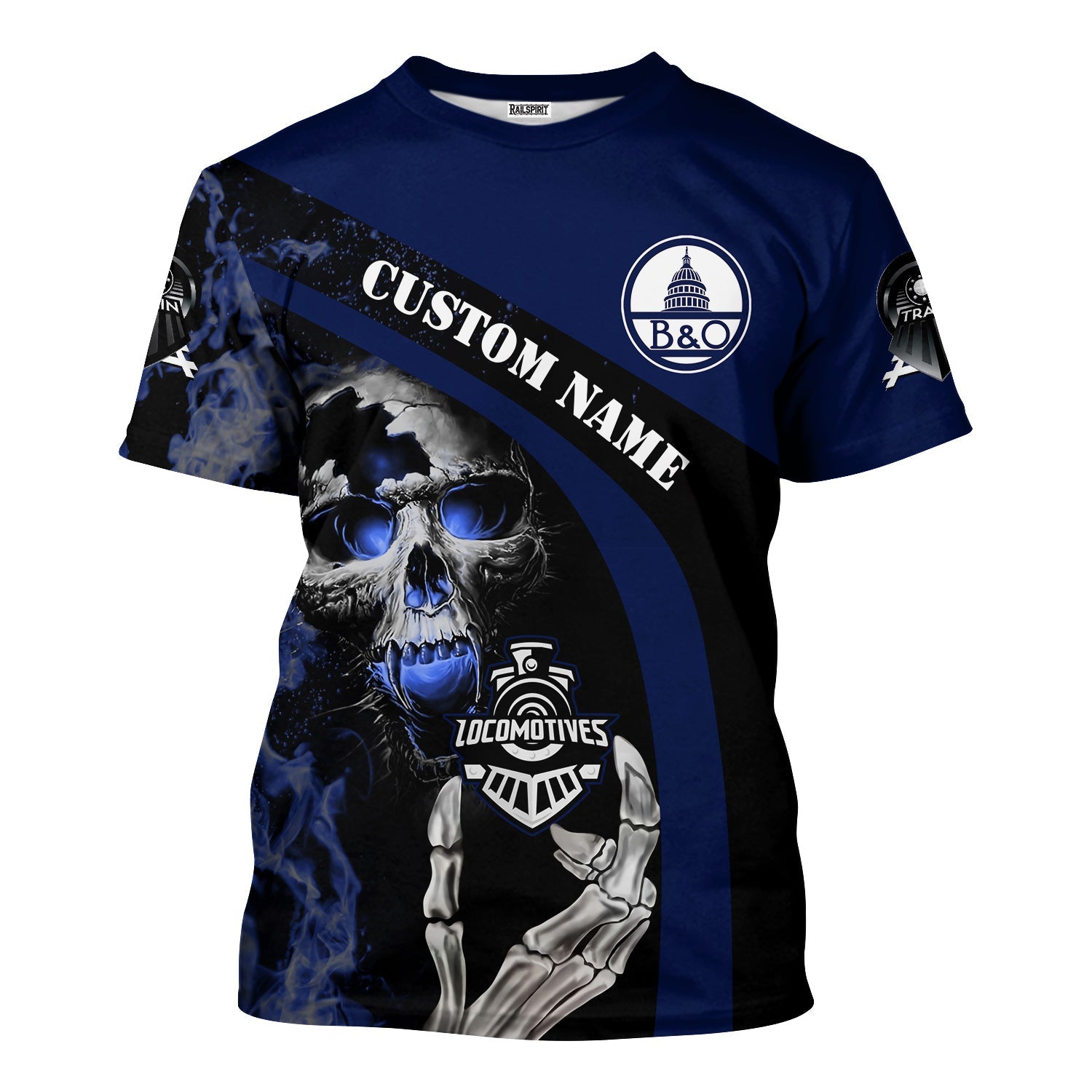 Railspirit Personalized Baltimore and Ohio Railroad T-Shirt Flame Skull Design B&O Train Shirt for Locomotive Fans