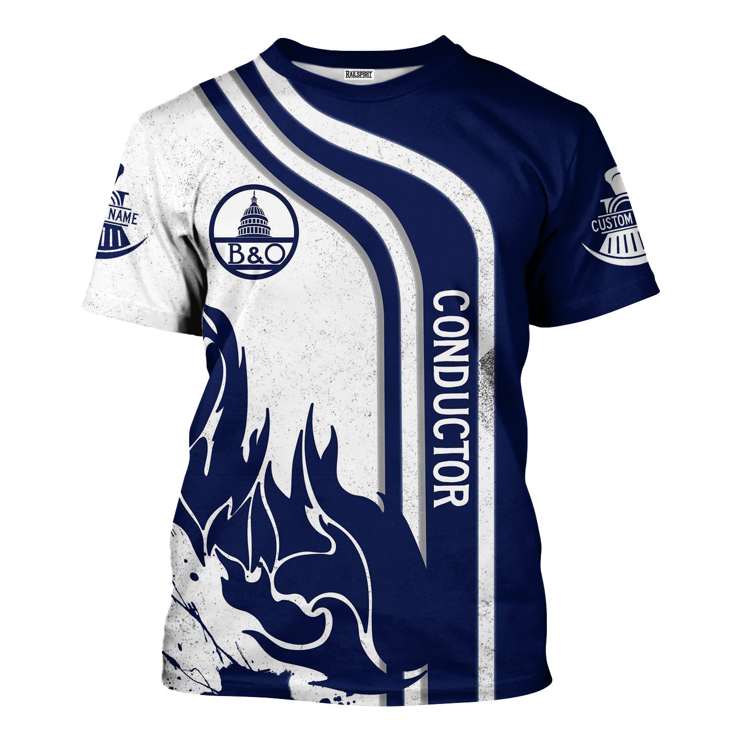 Railspirit Personalized Baltimore and Ohio Railroad T-Shirt Flame Design with Custom Job Position B&O Train Shirt