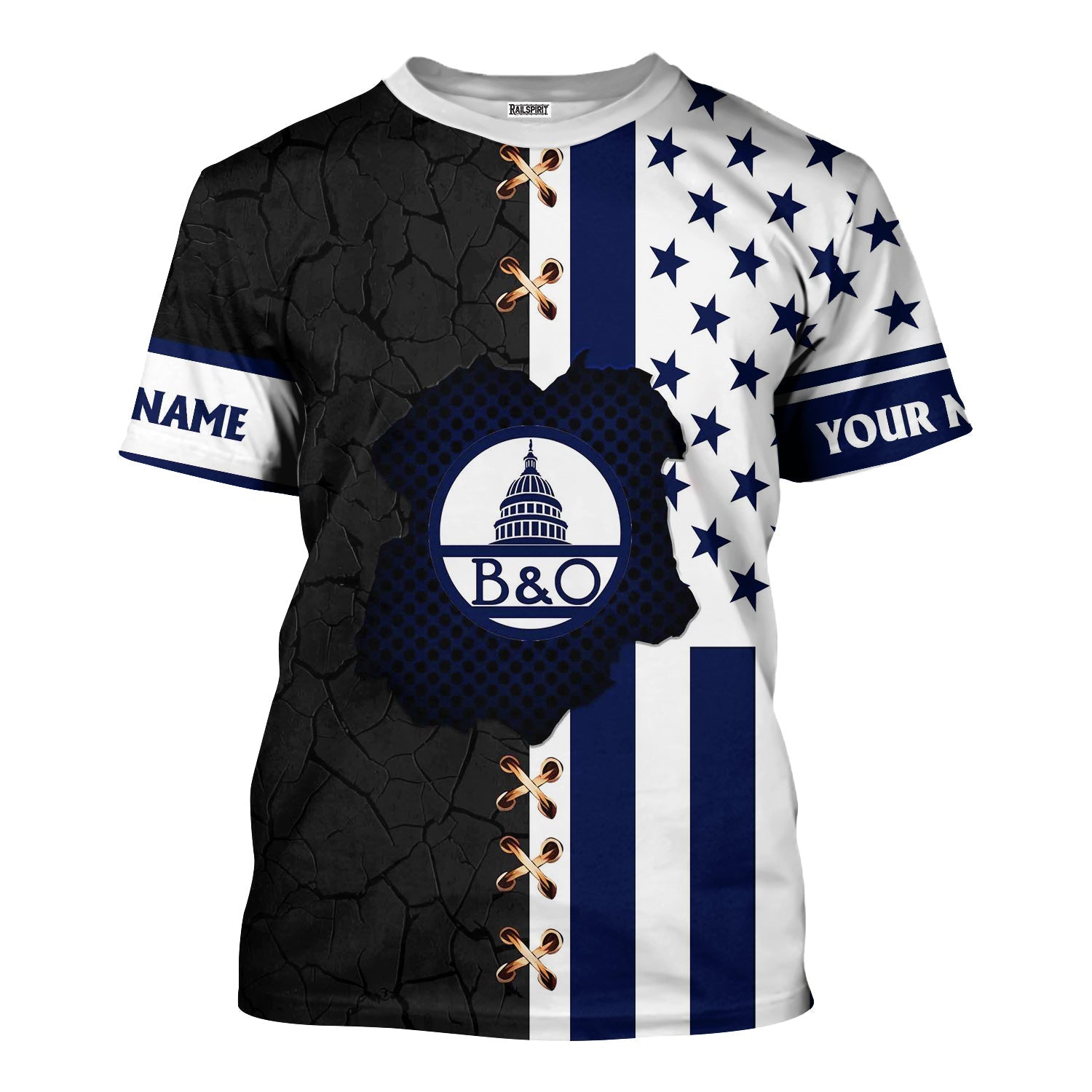 Railspirit Personalized Baltimore and Ohio Railroad T-Shirt American Flag with Crack Effect B&O Train Shirt