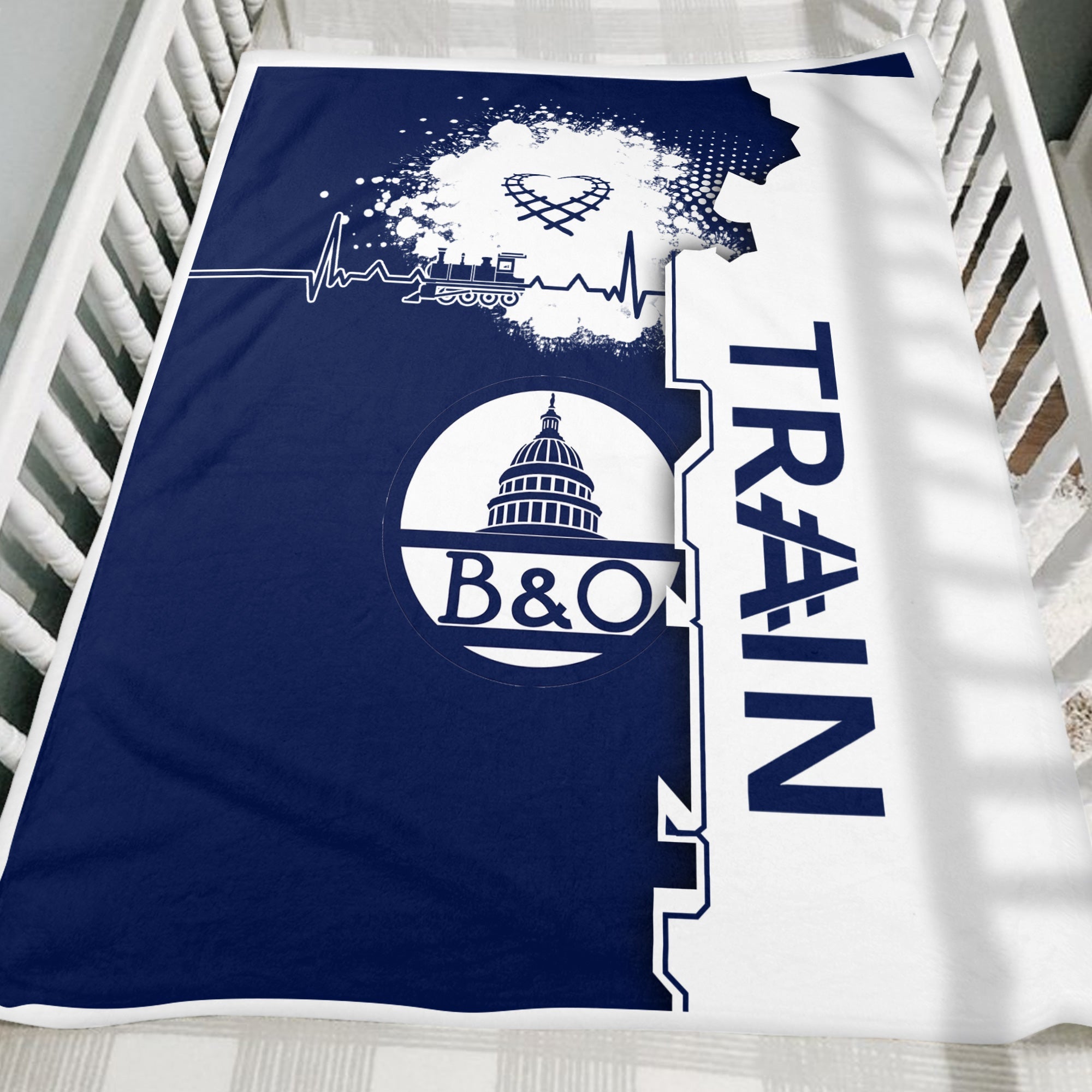 Railspirit Baltimore and Ohio Railroad Blanket Engine Heartbeat and Track Love Style B&O Blanket Gift Idea For Train Lovers