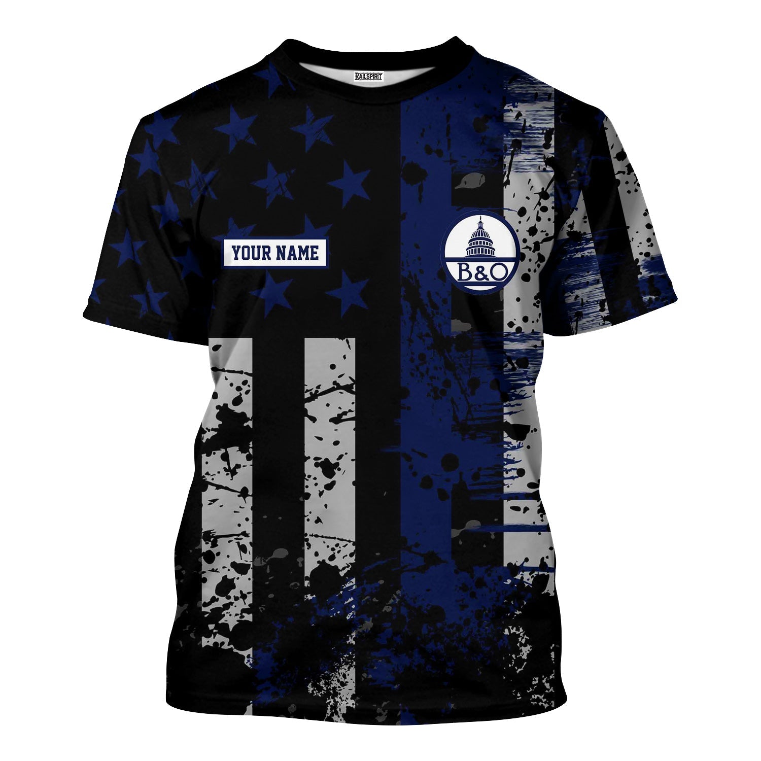 Railspirit Personalized Baltimore and Ohio Railroad T-Shirt Artistic Paint American Flag Style B&O Train Shirt