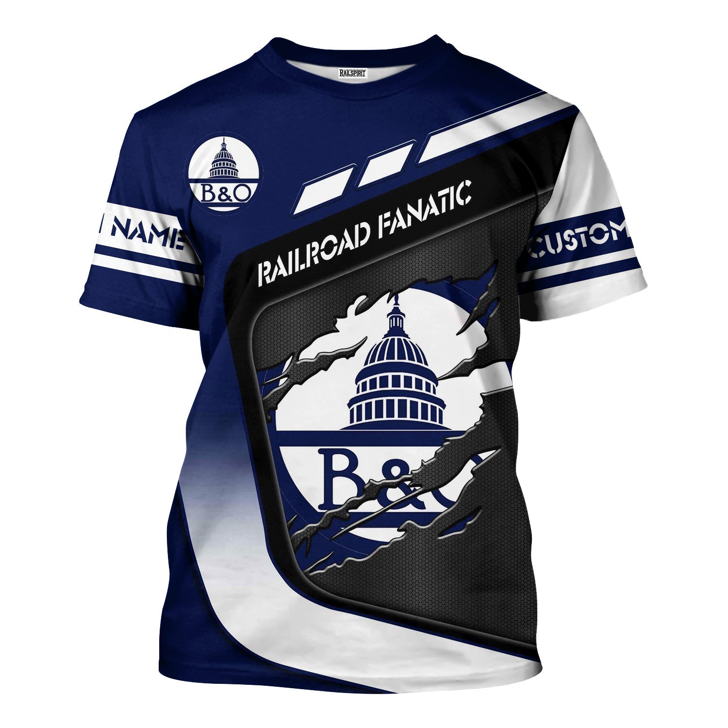 Railspirit Personalized Baltimore and Ohio Railroad T-Shirt Ripped Texture Style B&O Train Shirt For Railroad Fanatic