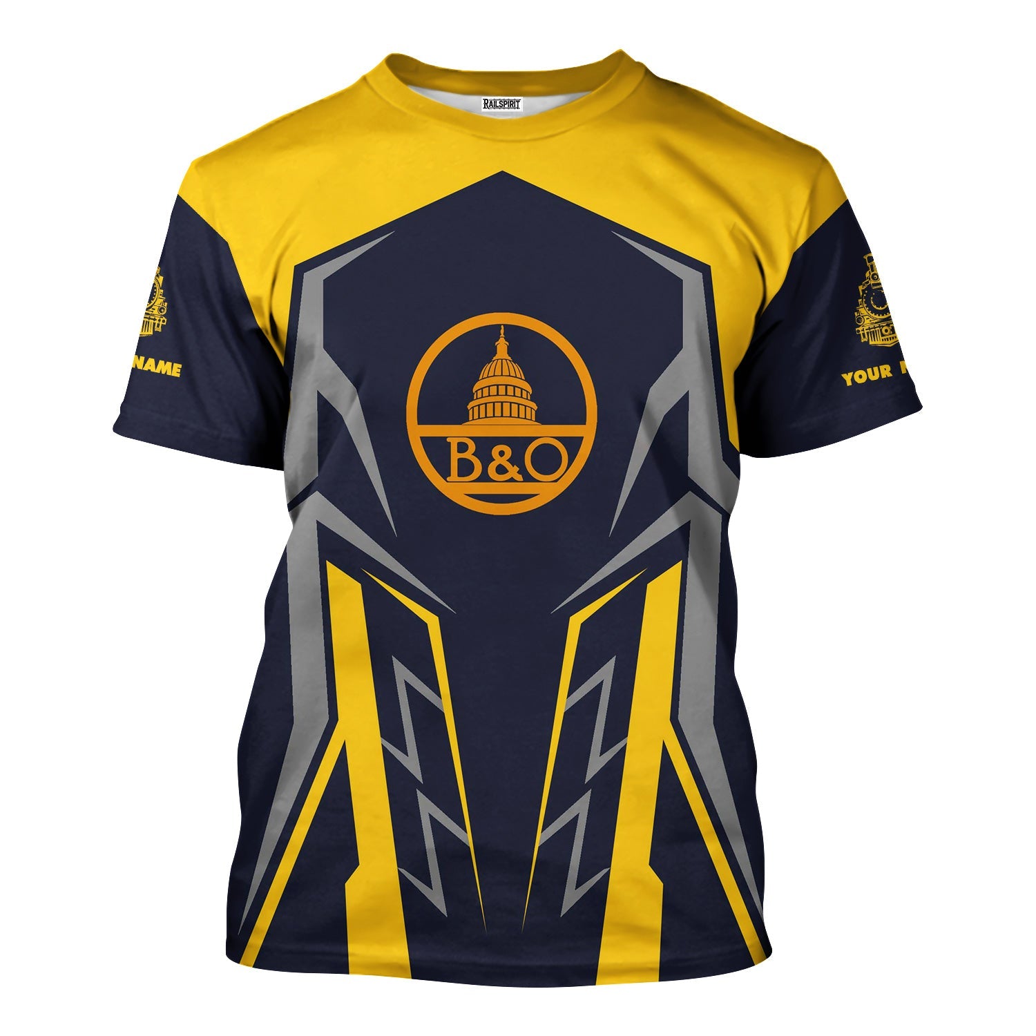 Railspirit Personalized Baltimore and Ohio Railroad T-Shirt Futuristic Design with Custom Job B&O Train Shirt