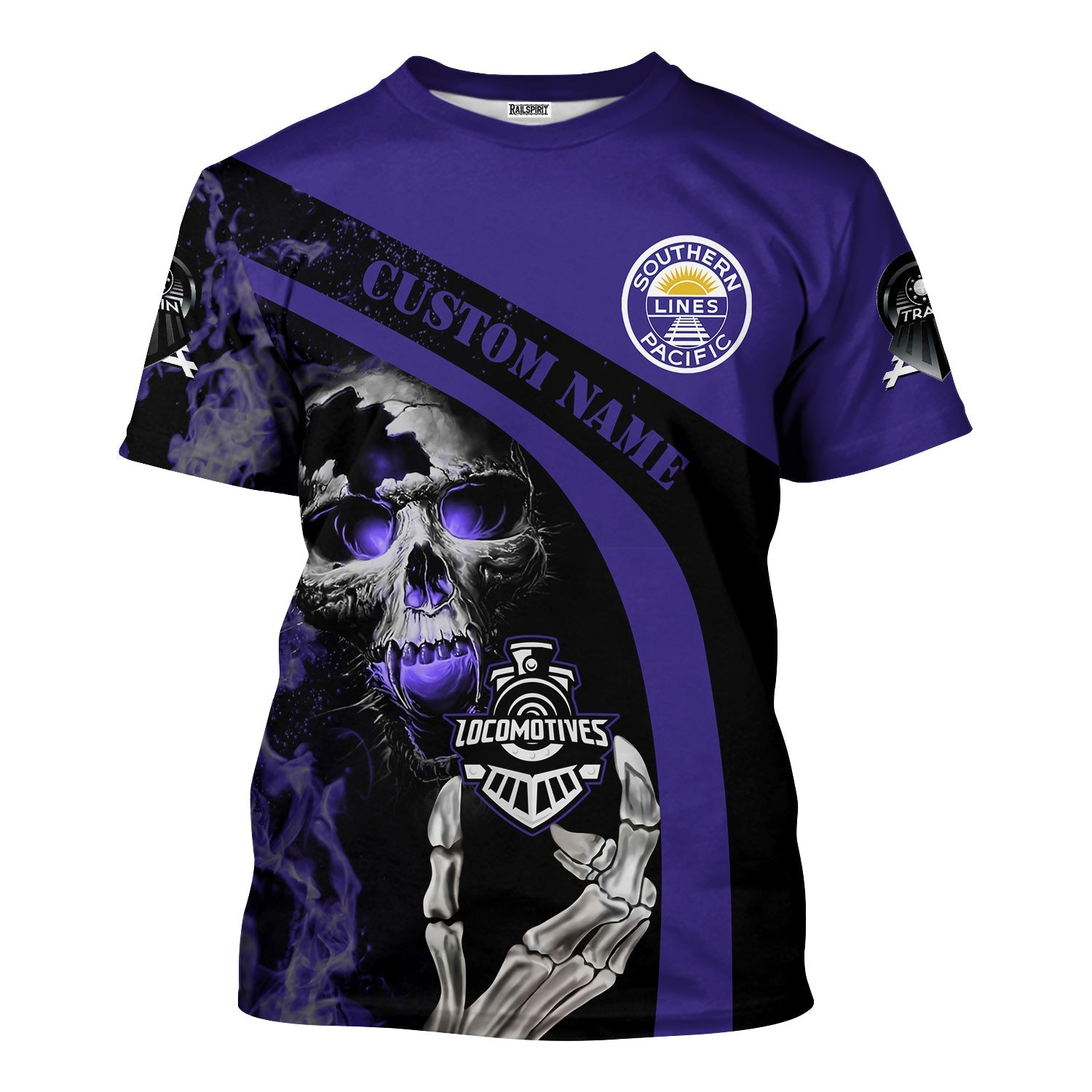 Railspirit Personalized Southern Pacific Railroad T-Shirt Flame Skull Design Train Shirt for Locomotive Fans