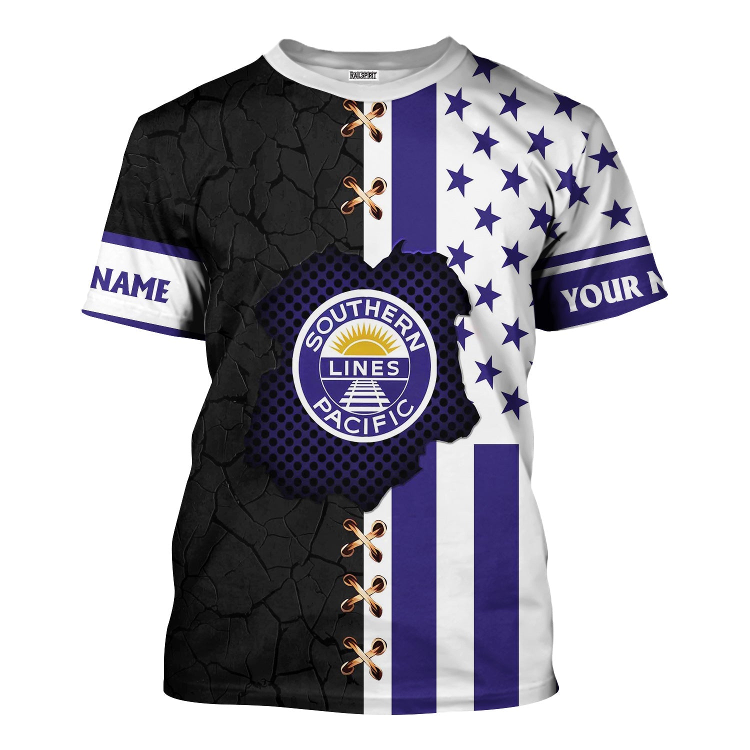 Railspirit Personalized Southern Pacific Railroad T-Shirt American Flag with Crack Effect Train Shirt