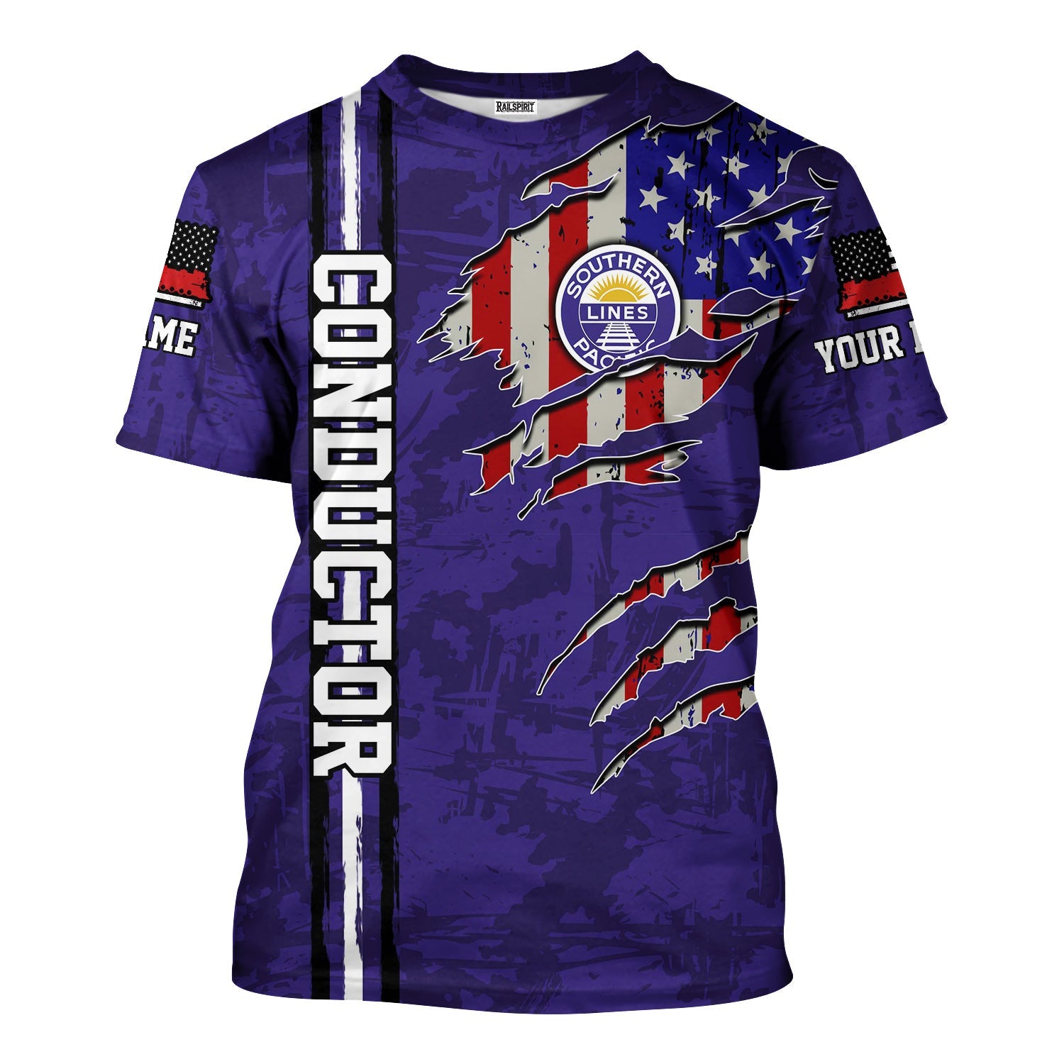 Railspirit Personalized Southern Pacific Railroad T-Shirt USA Flag Claw Art with Custom Job Train Shirt