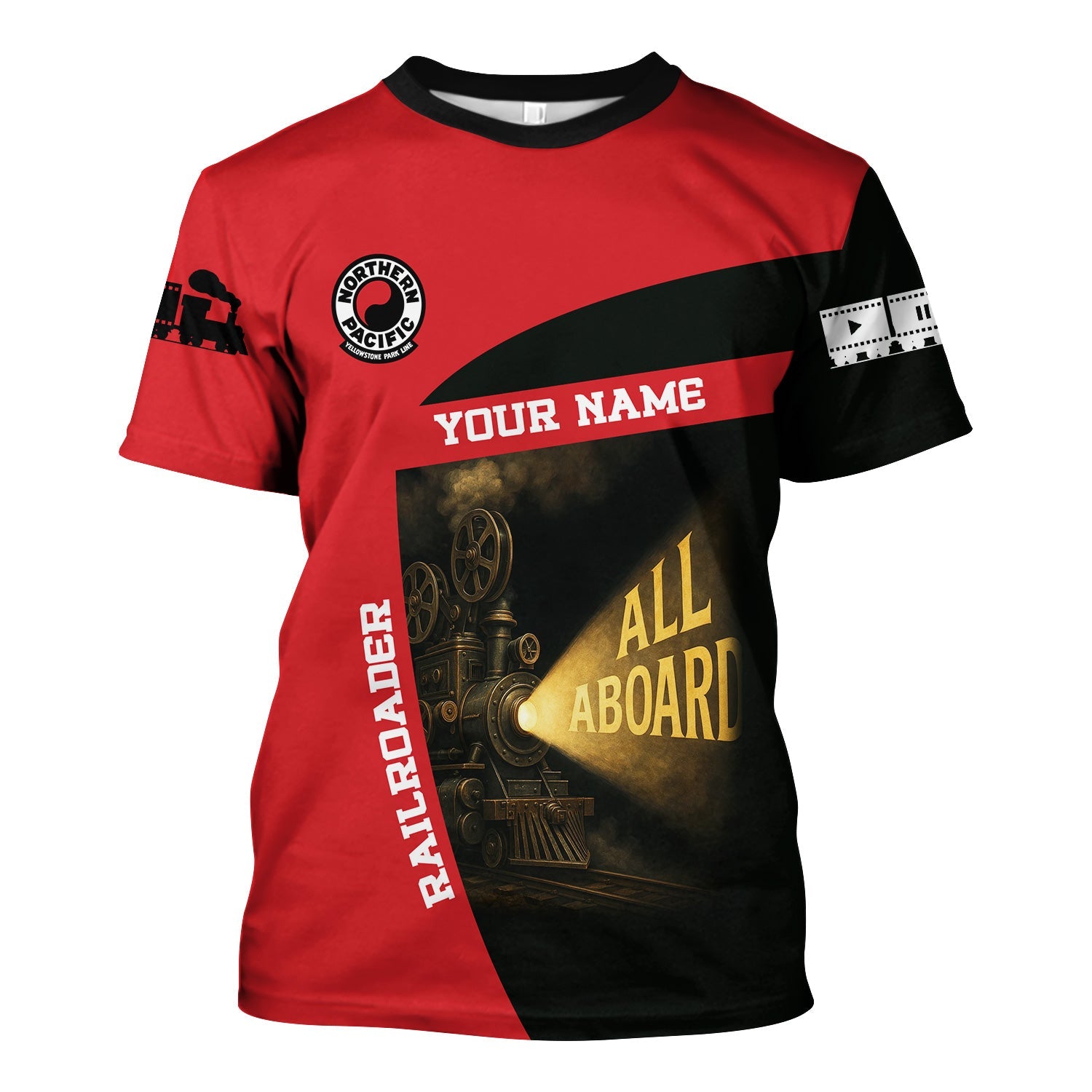 Railspirit Personalized Northern Pacific Railway T-Shirt All Aboard Steam Train Movie Projector Style Shirt