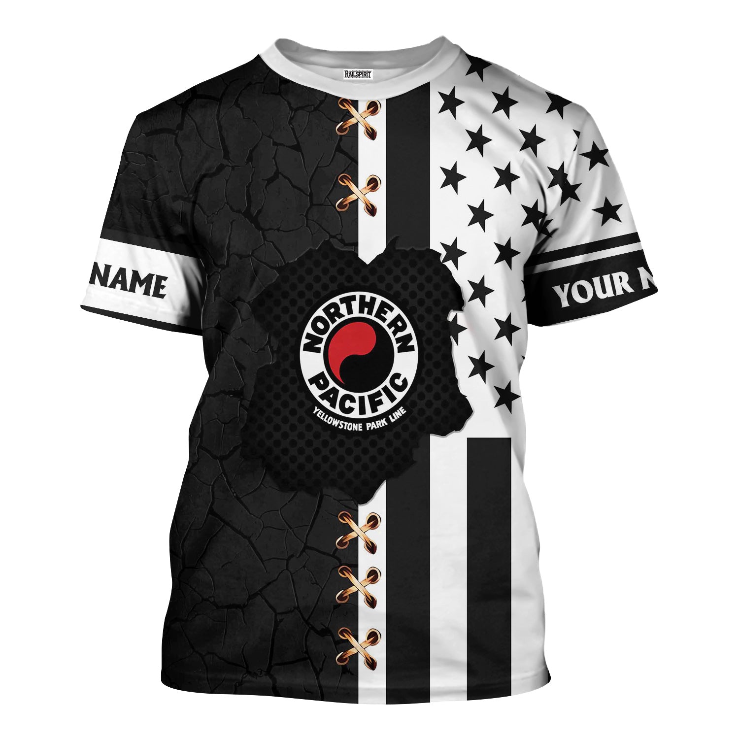 Railspirit Personalized Northern Pacific Railway T-Shirt American Flag with Crack Effect Train Shirt
