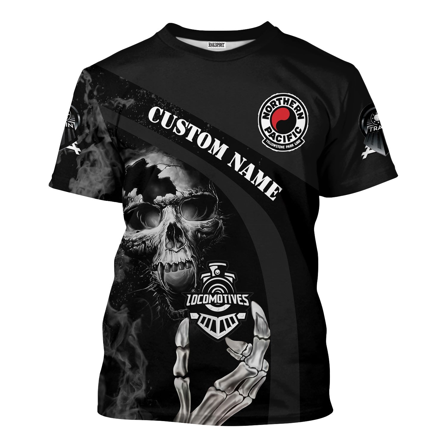 Railspirit Personalized Northern Pacific Railway T-Shirt Flame Skull Design Train Shirt for Locomotive Fans