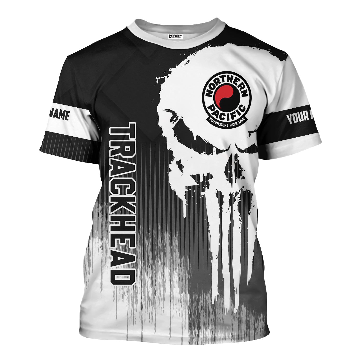 Railspirit Personalized Northern Pacific Railway T-Shirt Skull Design with Custom Job Train Shirt for Trackhead Crew