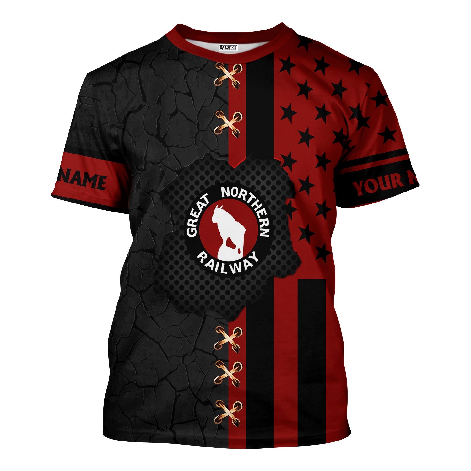 Railspirit Personalized Great Northern Railway T-Shirt American Flag with Crack Effect GNR Train Shirt