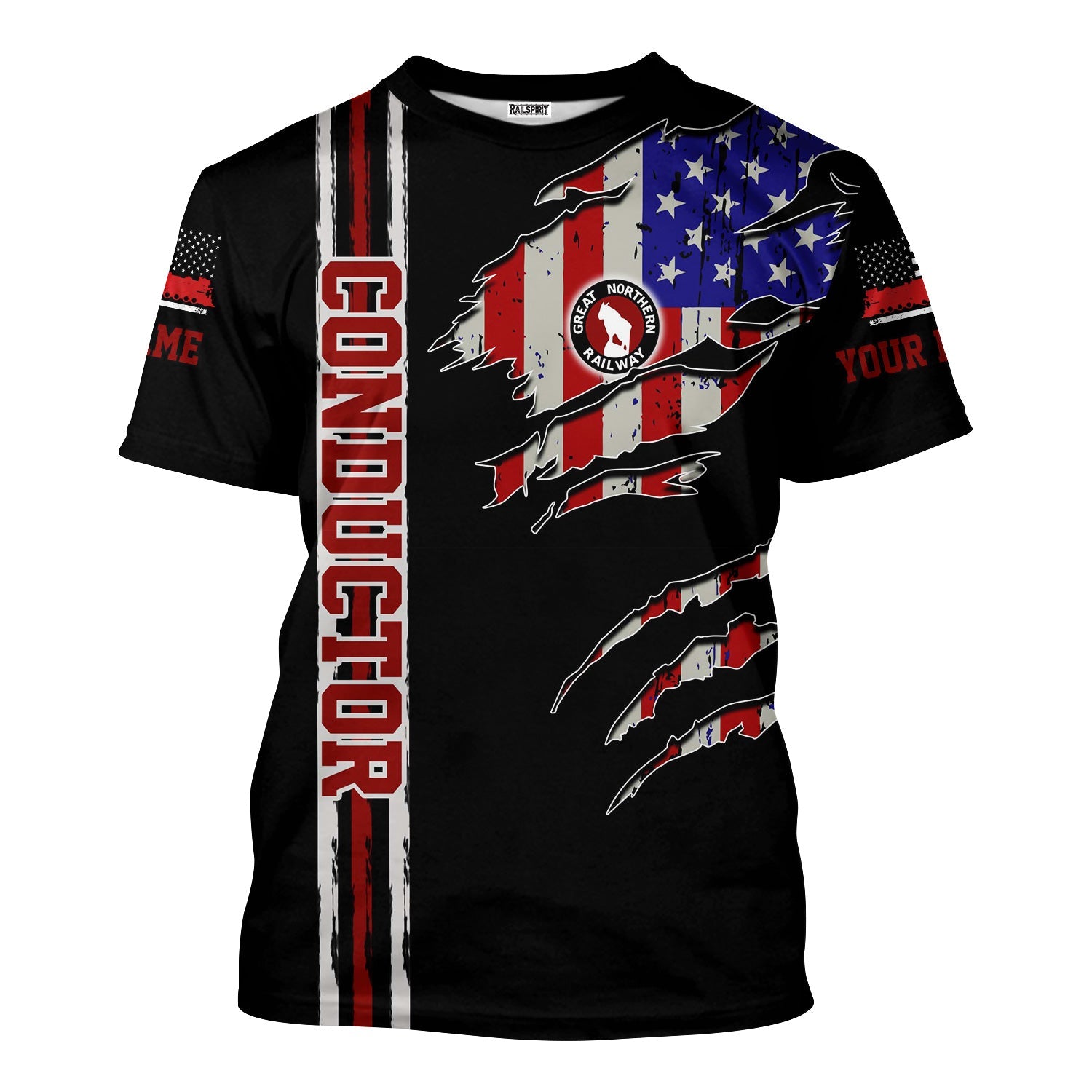 Railspirit Personalized Great Northern Railway T-Shirt USA Flag Claw Art with Custom Job GNR Train Shirt