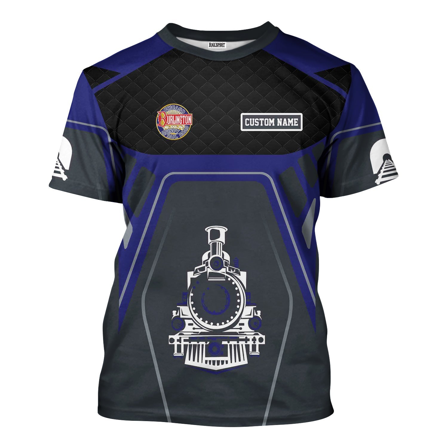 Railspirit Personalized Chicago, Burlington and Quincy Railroad T-Shirt Steam Locomotive Engine Graphic Train Shirt All Over Print