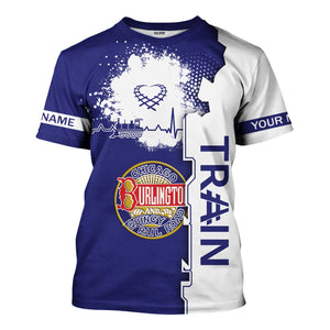 Railspirit Personalized Chicago, Burlington and Quincy Railroad T-Shirt Engine Heartbeat and Track Love Style Shirt Gift Idea For Train Lovers