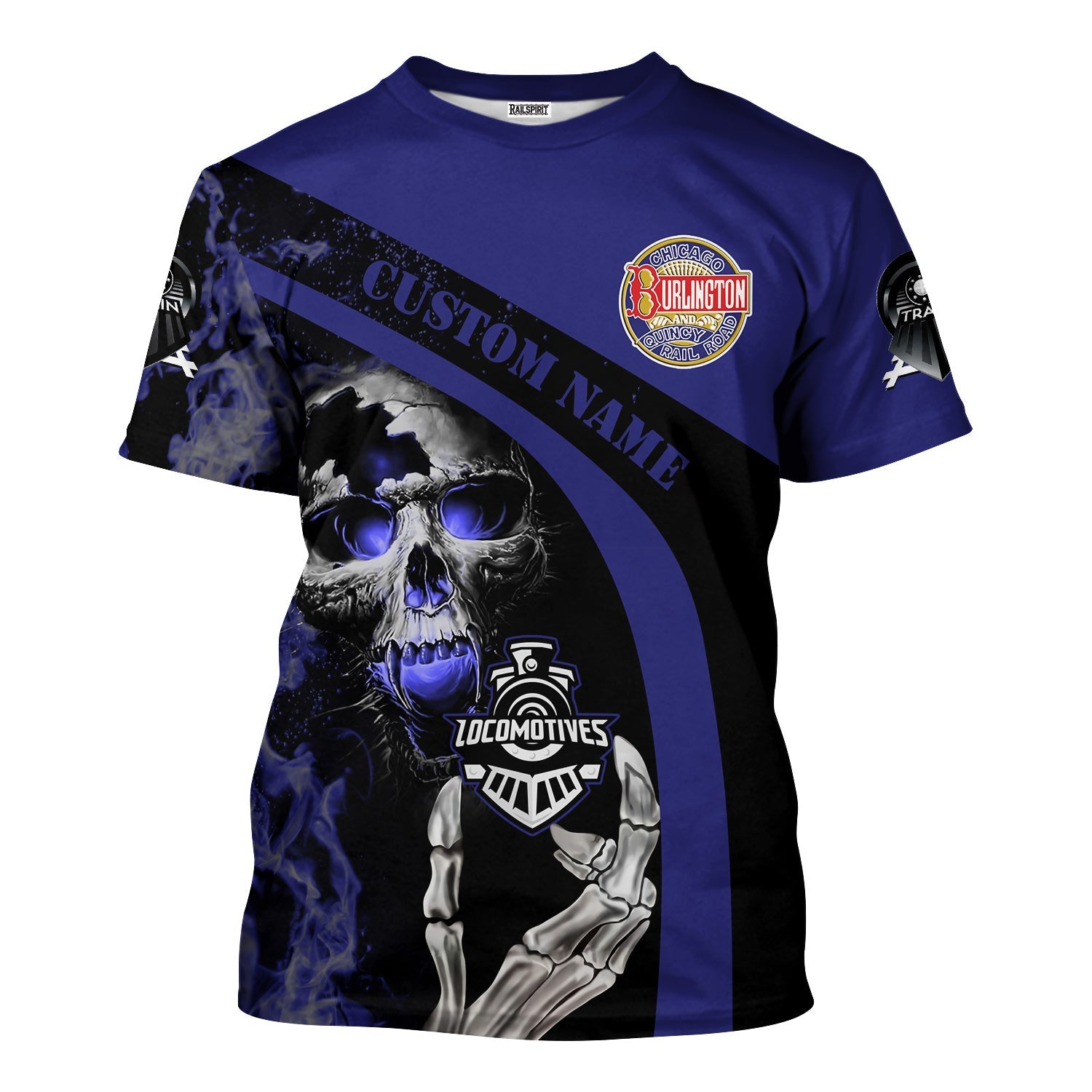 Railspirit Personalized Chicago, Burlington and Quincy Railroad T-Shirt Flame Skull Design Train Shirt for Locomotive Fans
