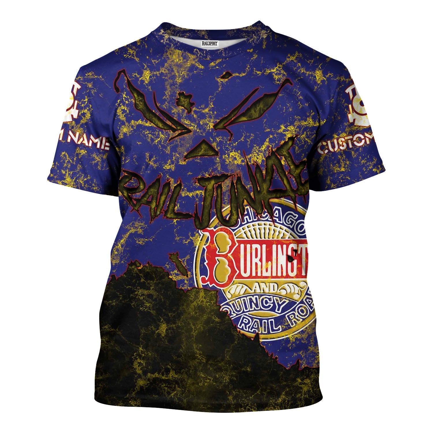 Railspirit Personalized Chicago, Burlington and Quincy Railroad T-Shirt Torn Graphic Style Train Shirt For Rail Junkie