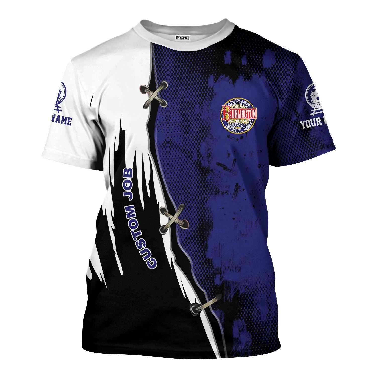 Railspirit Personalized Chicago, Burlington and Quincy Railroad T-Shirt Retro Stitches Design with Custom Position Train Shirt