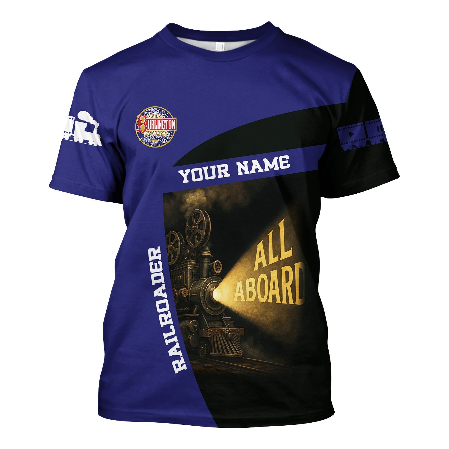 Railspirit Personalized Chicago, Burlington and Quincy Railroad T-Shirt All Aboard Steam Train Movie Projector Style Shirt