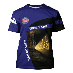 Railspirit Personalized Chicago, Burlington and Quincy Railroad T-Shirt All Aboard Steam Train Movie Projector Style Shirt