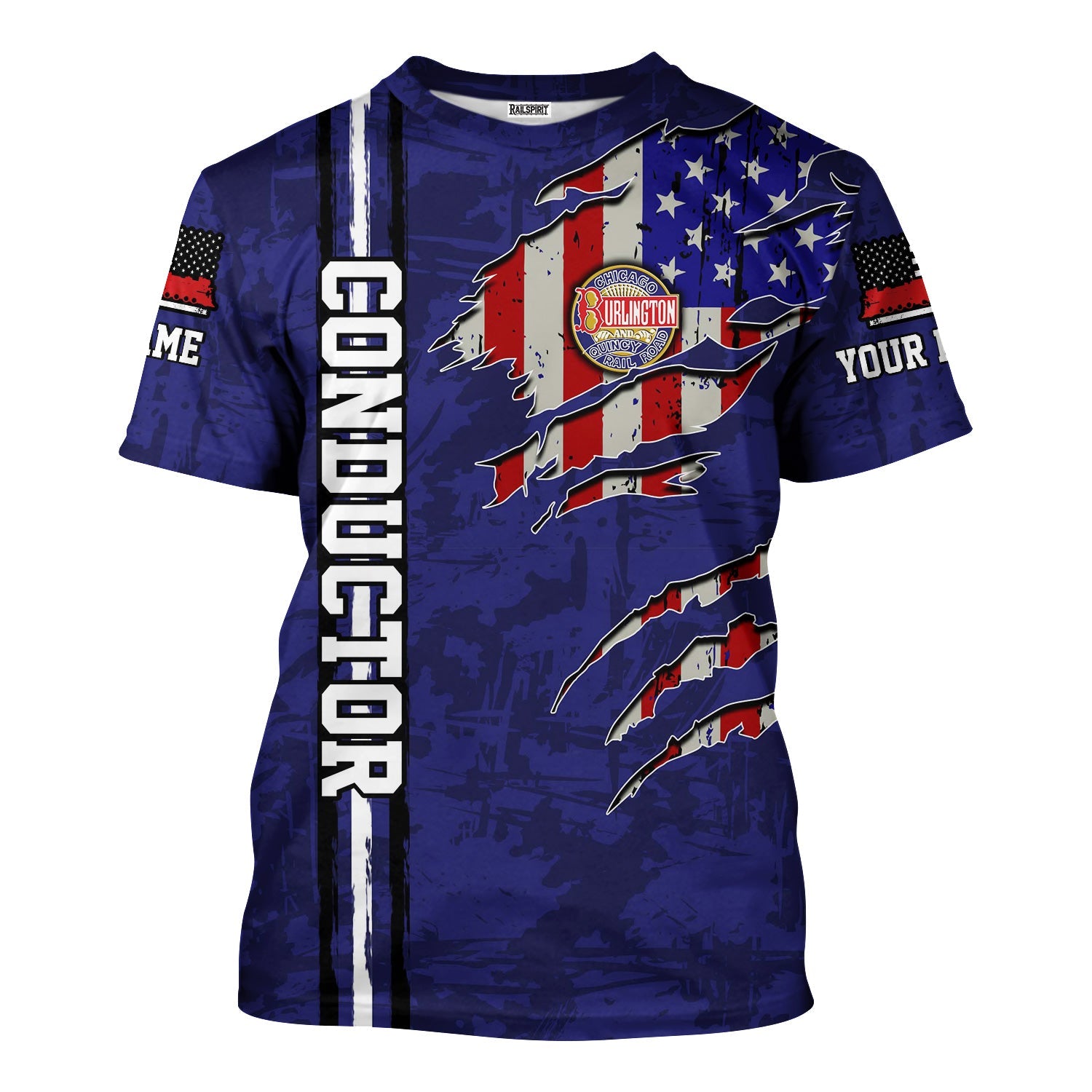 Railspirit Personalized Chicago, Burlington and Quincy Railroad T-Shirt USA Flag Claw Art with Custom Job Train Shirt