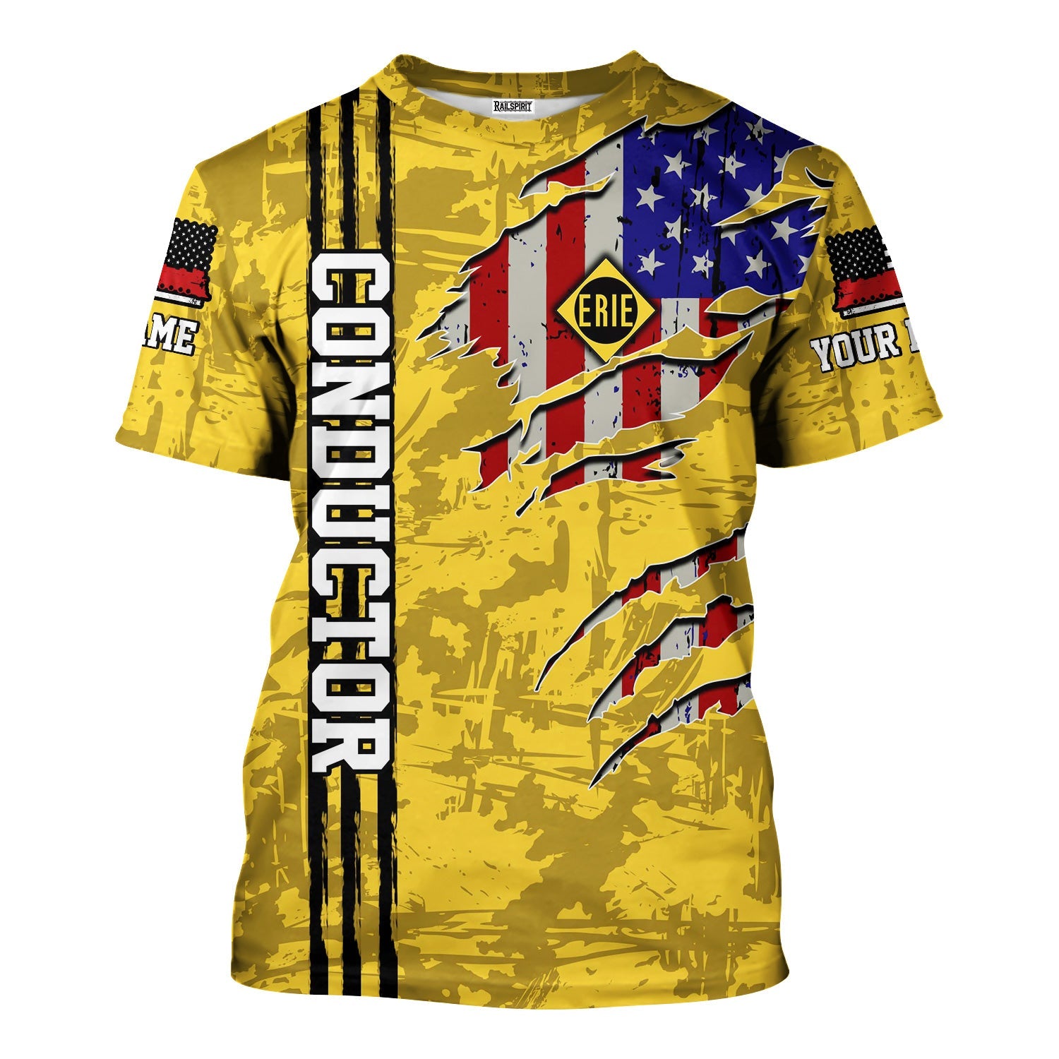 Railspirit Personalized Erie Railroad T-Shirt USA Flag Claw Art with Custom Job Train Shirt
