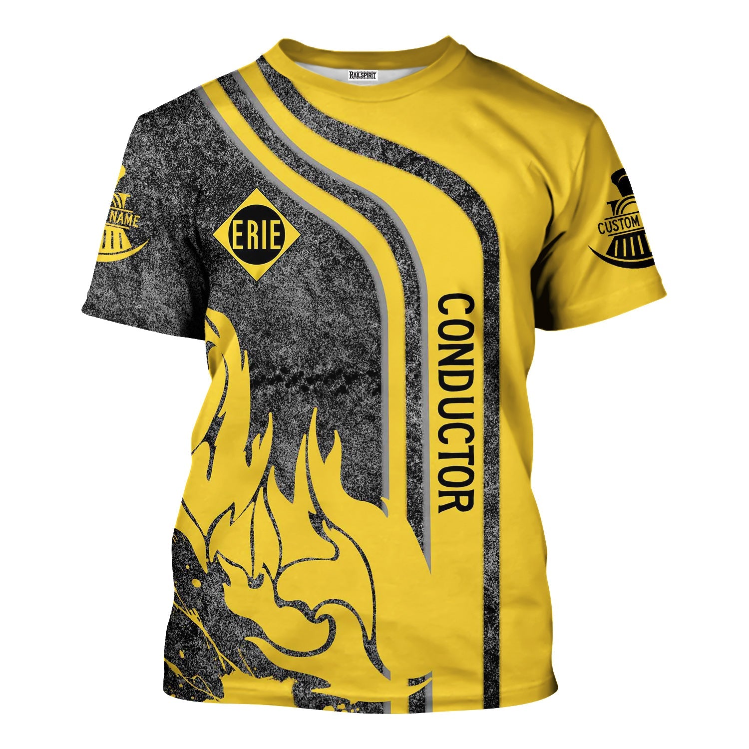 Railspirit Personalized Erie Railroad T-Shirt Flame Design with Custom Job Position Train Shirt