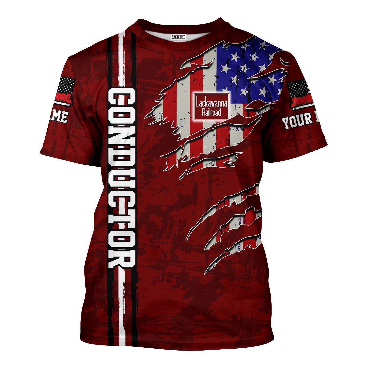 Railspirit Personalized Delaware, Lackawanna and Western Railroad T-Shirt USA Flag Claw Art with Custom Job DL&W Train Shirt