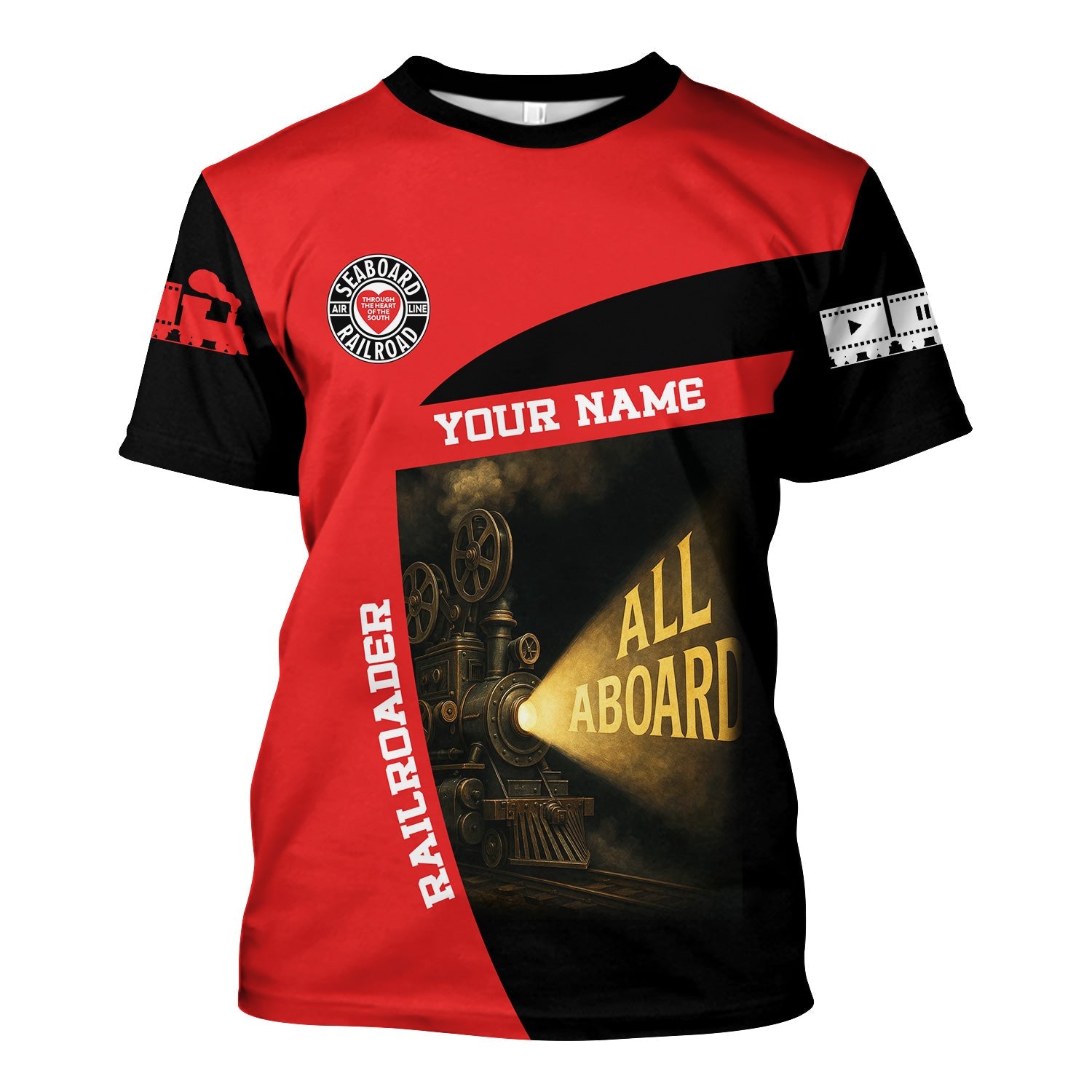 Railspirit Personalized Seaboard Air Line Railroad T-Shirt All Aboard Steam Train Movie Projector Style Shirt