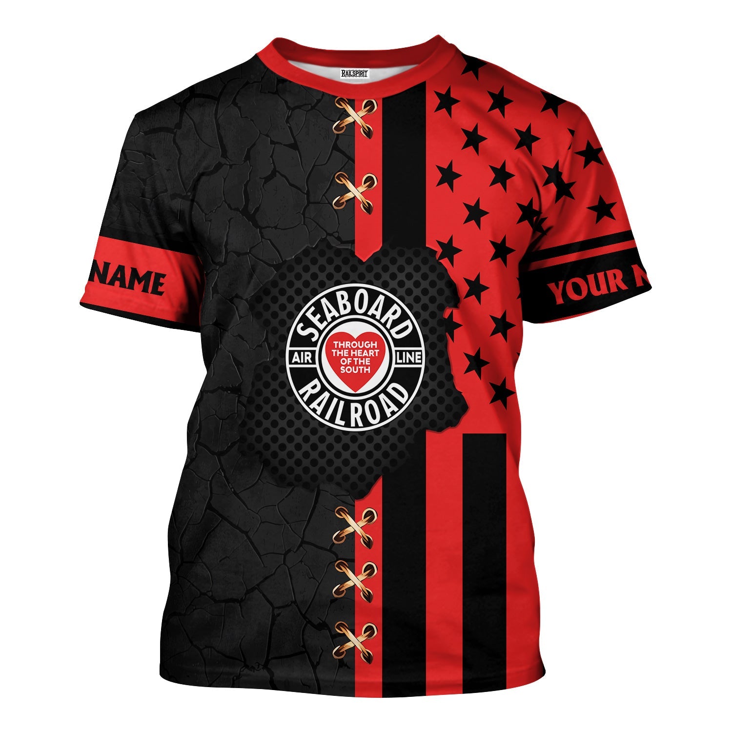 Railspirit Personalized Seaboard Air Line Railroad T-Shirt American Flag with Crack Effect Train Shirt