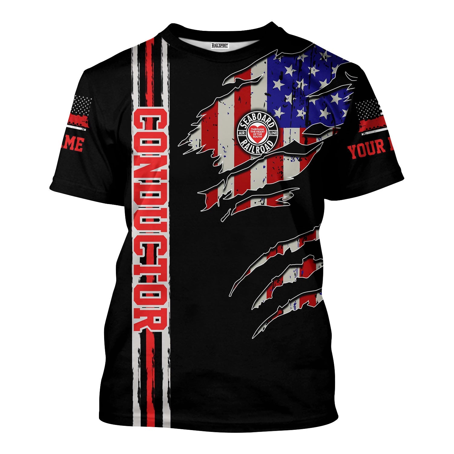 Railspirit Personalized Seaboard Air Line Railroad T-Shirt USA Flag Claw Art with Custom Job Train Shirt