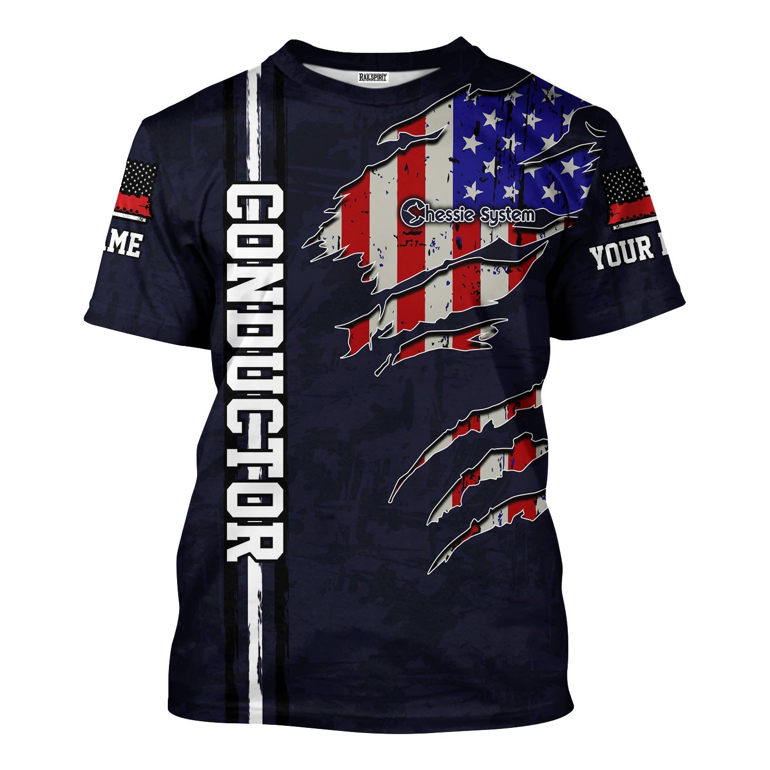 Railspirit Personalized Chessie System Railroad T-Shirt USA Flag Claw Art with Custom Job Train Shirt