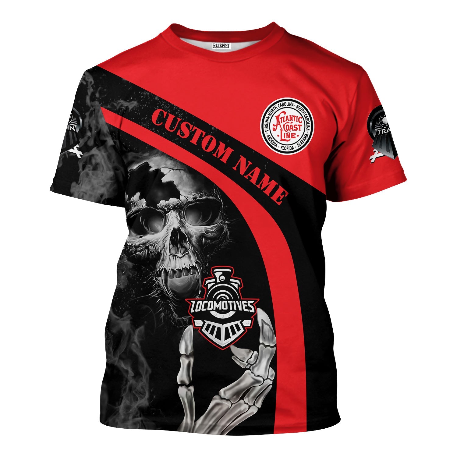 Railspirit Personalized Atlantic Coast Line Railroad T-Shirt Flame Skull Design Train Shirt for Locomotive Fans