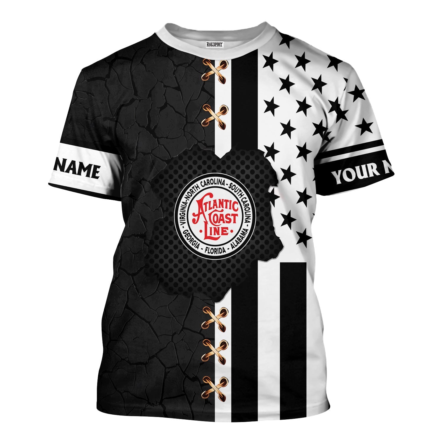 Railspirit Personalized Atlantic Coast Line Railroad T-Shirt American Flag with Crack Effect Train Shirt