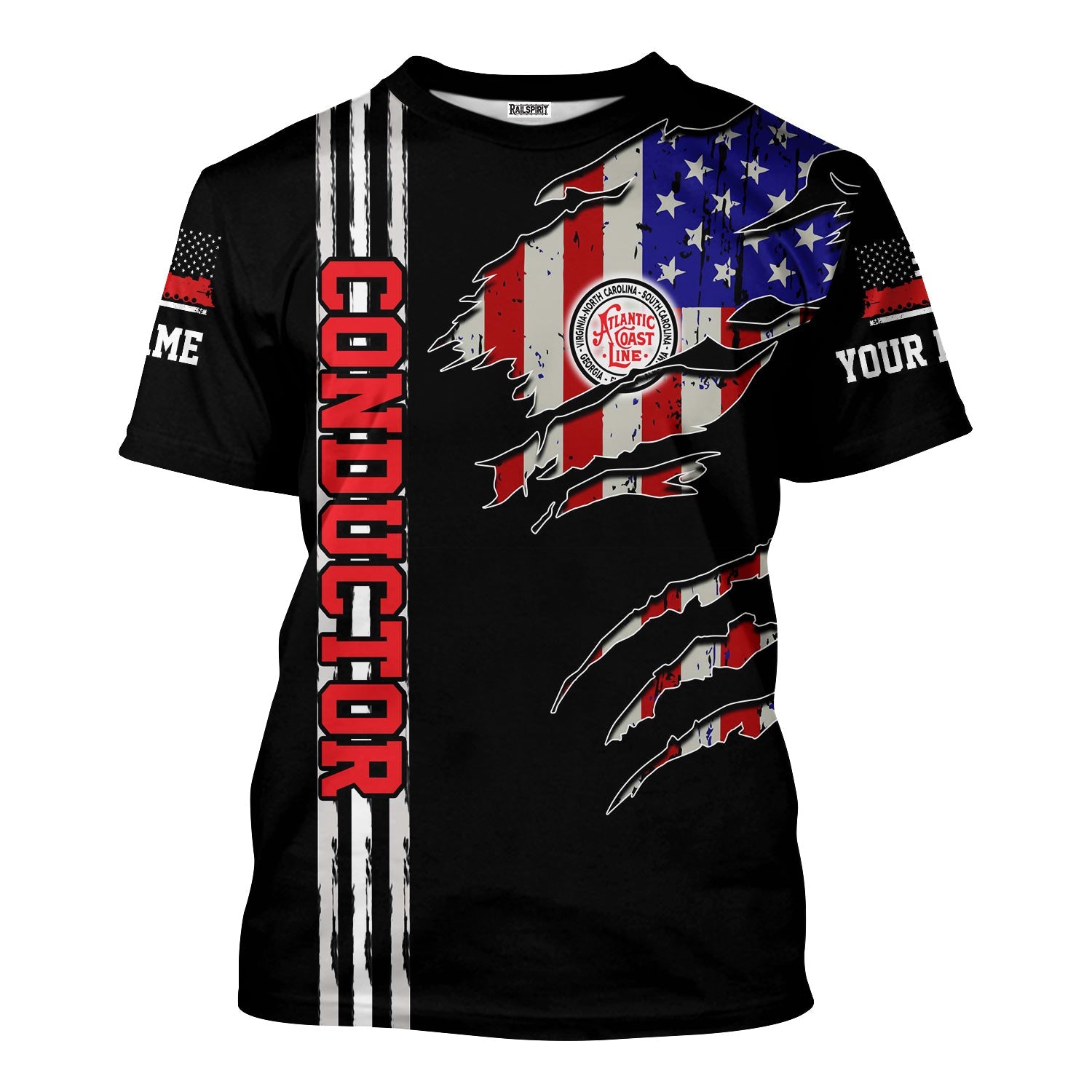Railspirit Personalized Atlantic Coast Line Railroad T-Shirt USA Flag Claw Art with Custom Job Train Shirt