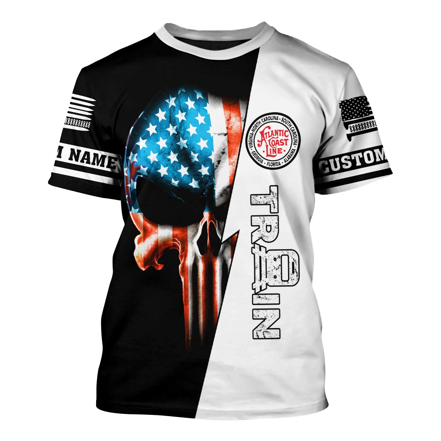Railspirit Personalized Atlantic Coast Line Railroad T-Shirt Train Skull American Flag Shirt All Over Print